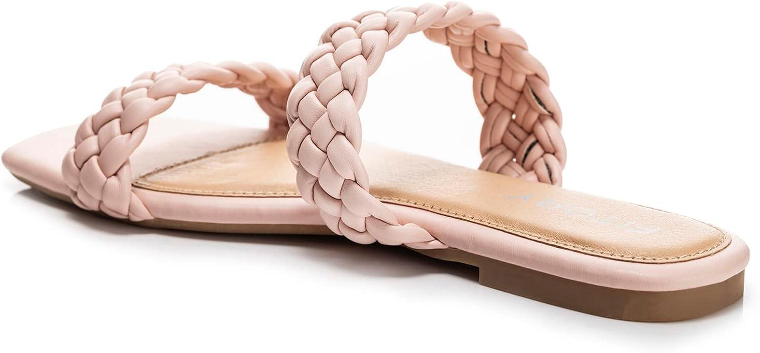 imageFITORY Womens Flat Sandals Fashion Round Open Toe Slip On Slides with Braided Strap Slippers for Summer Size 611Newpink