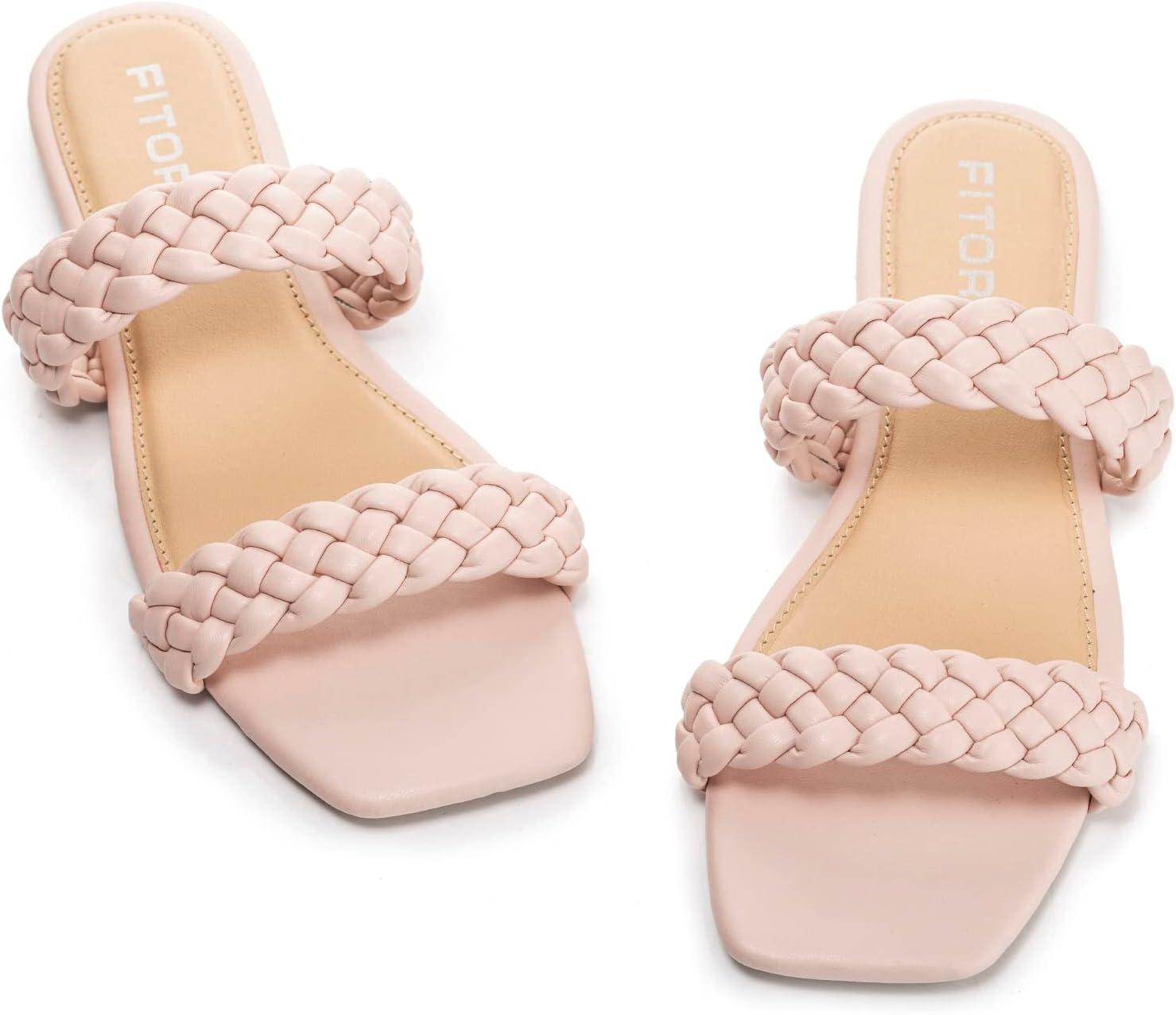 imageFITORY Womens Flat Sandals Fashion Round Open Toe Slip On Slides with Braided Strap Slippers for Summer Size 611Newpink