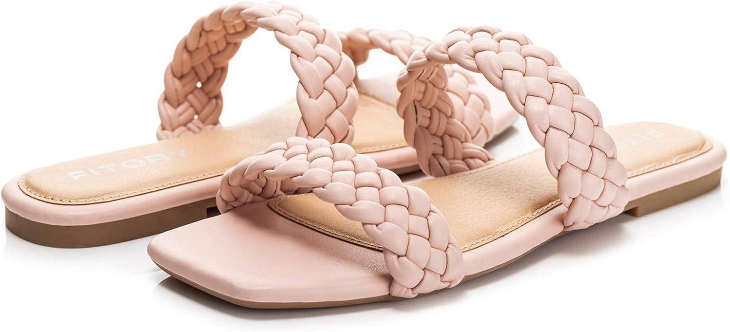 imageFITORY Womens Flat Sandals Fashion Round Open Toe Slip On Slides with Braided Strap Slippers for Summer Size 611Newpink
