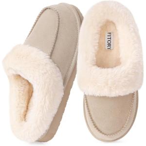 FITORY Women’s Winter Faux Fur Slippers,Easy to Wear Plush House Shoes Size 6-11(Beige)