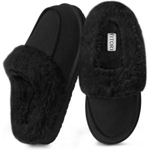 FITORY Women’s Winter Faux Fur Slippers,Easy to Wear Plush House Shoes Size 6-11(Black)