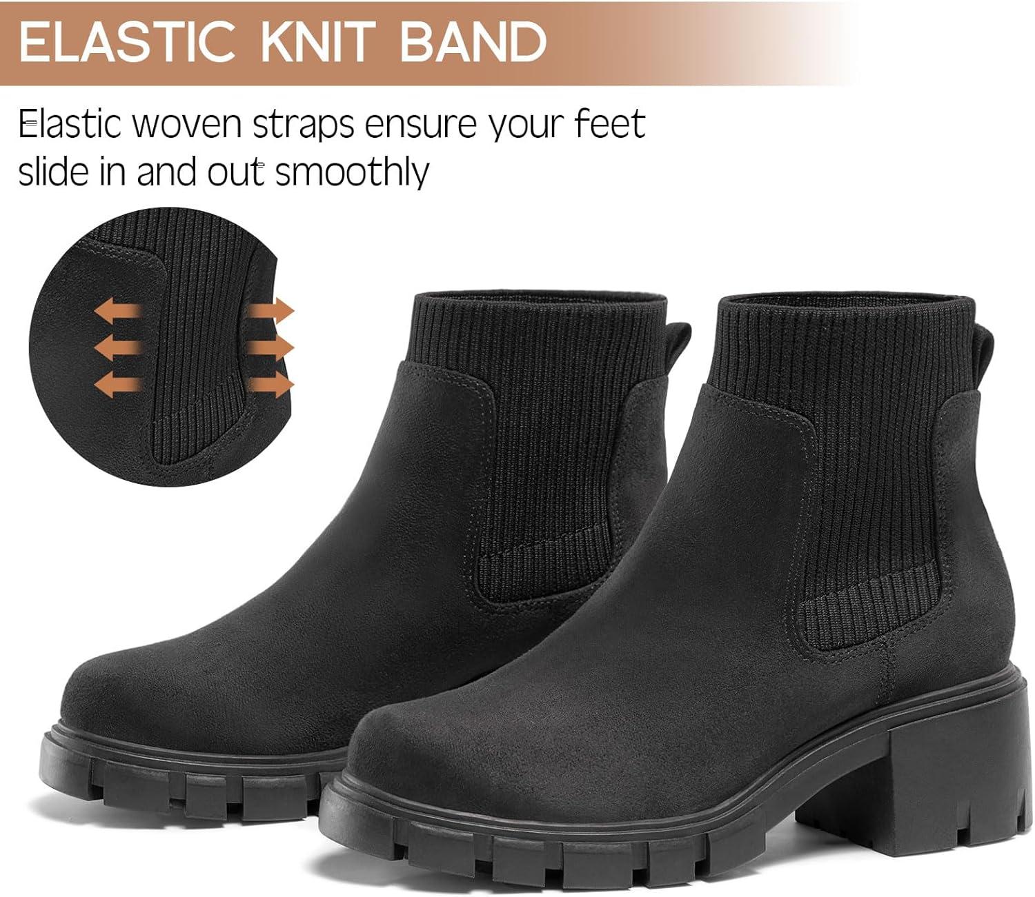 imageFITORY Womens Chelsea Boots Elastic Ankle Booties with Chunky Mid Heel and Lug Sole Comfy Trendy Slip on Shoes for Fall and Winter Size 611Black Suede