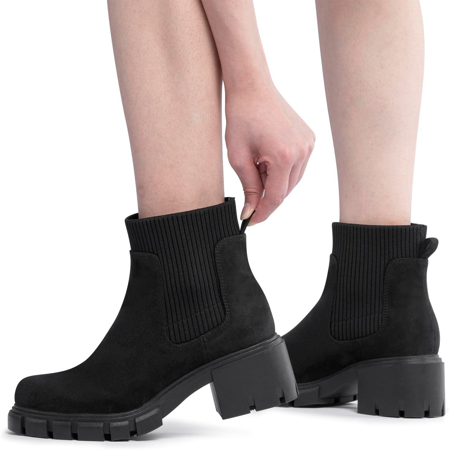 imageFITORY Womens Chelsea Boots Elastic Ankle Booties with Chunky Mid Heel and Lug Sole Comfy Trendy Slip on Shoes for Fall and Winter Size 611Black Suede