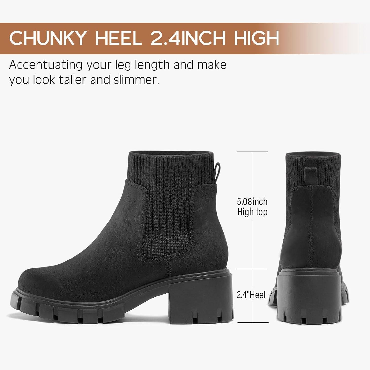 imageFITORY Womens Chelsea Boots Elastic Ankle Booties with Chunky Mid Heel and Lug Sole Comfy Trendy Slip on Shoes for Fall and Winter Size 611Black Suede