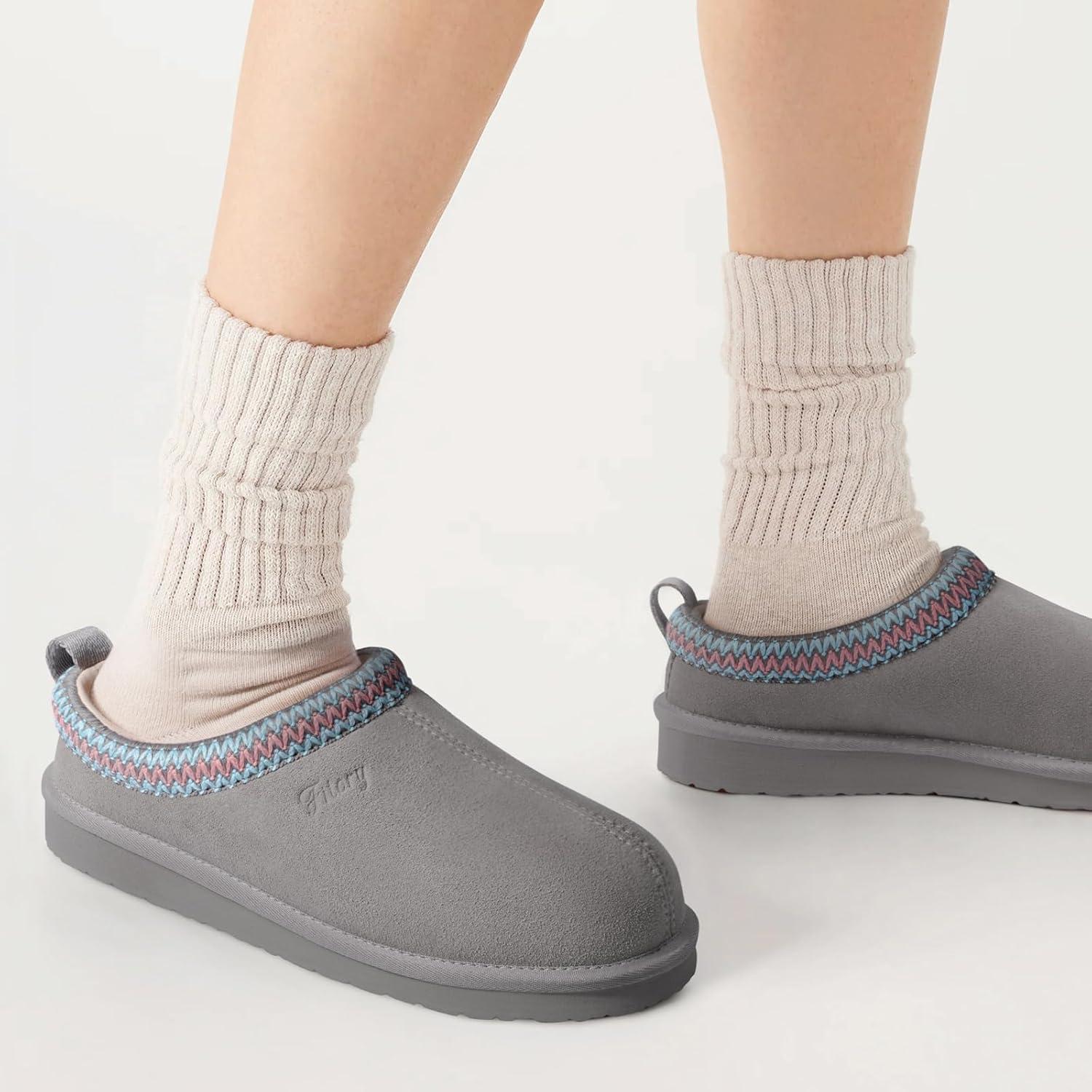 imageFITORY Womens Suede Slipper Flat Slip On House Shoes with Faux Fur Lining Indoor Outdoor Short Mini BootsDark Gray