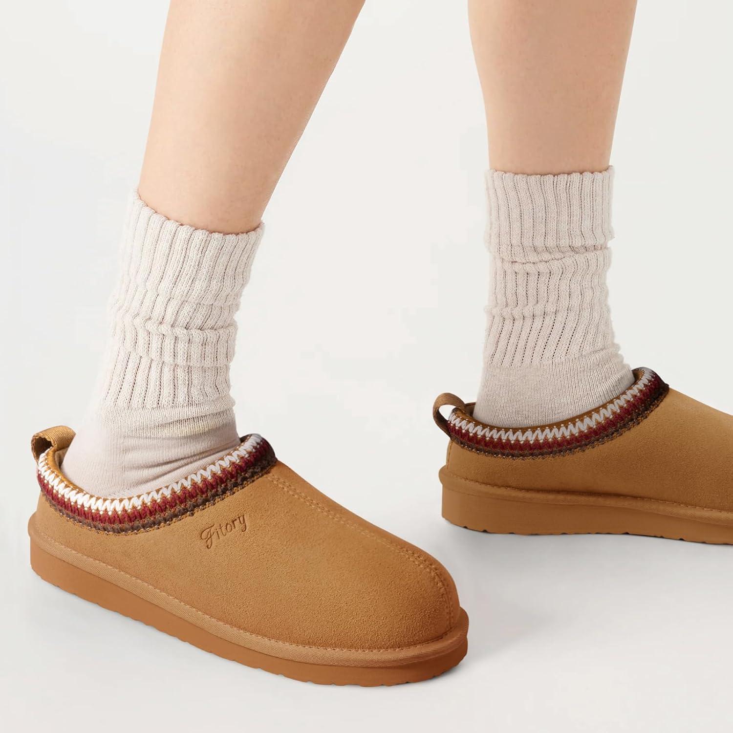 imageFITORY Womens Suede Slipper Flat Slip On House Shoes with Faux Fur Lining Indoor Outdoor Short Mini BootsKhaki Brown