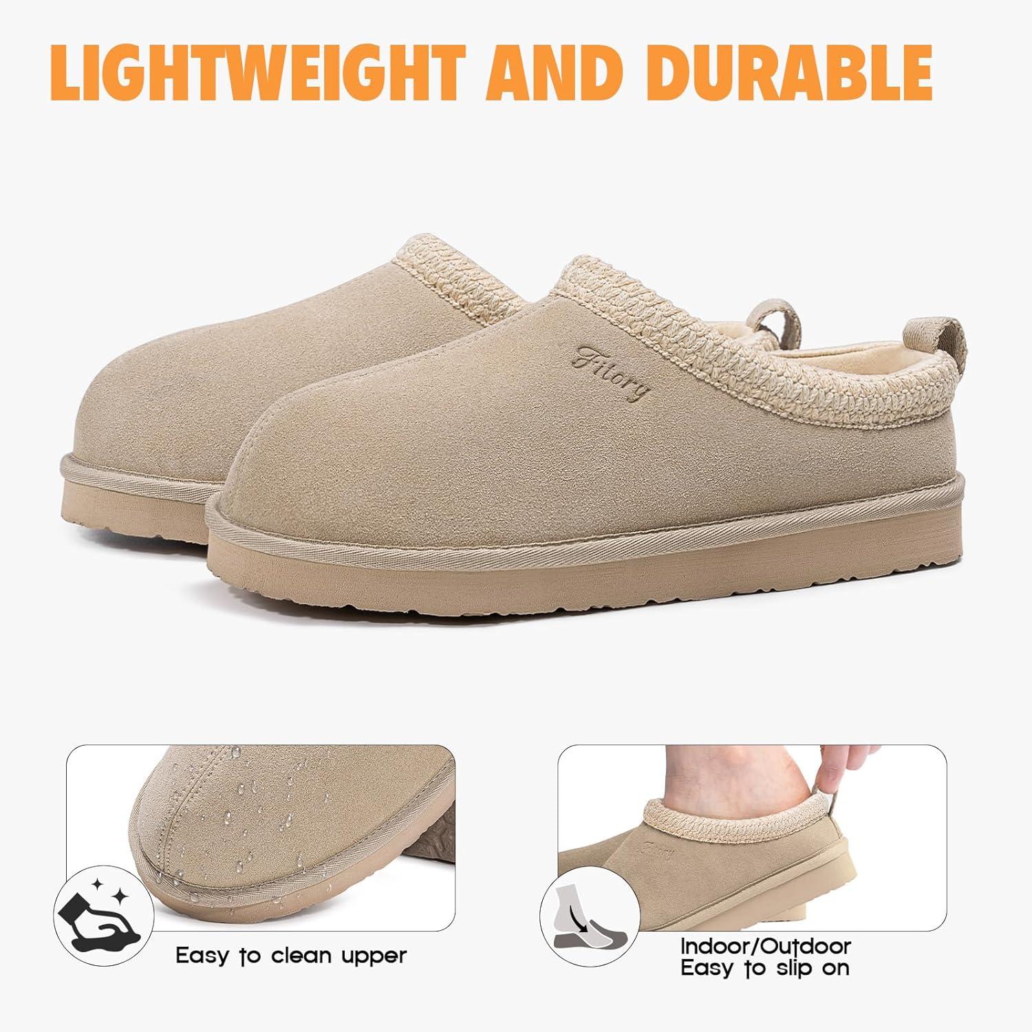 imageFITORY Womens Suede Slipper Flat Slip On House Shoes with Faux Fur Lining Indoor Outdoor Short Mini BootsSand