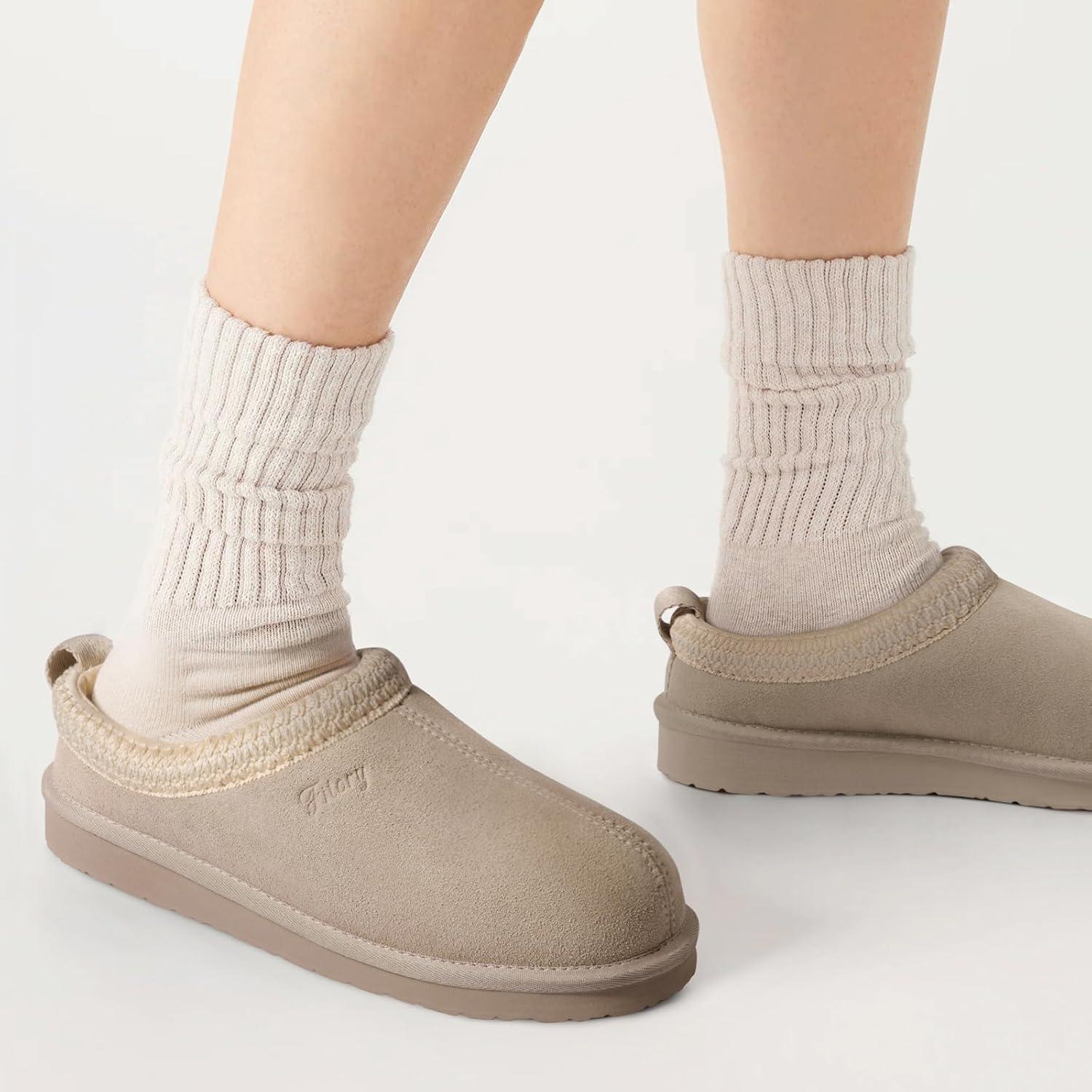 imageFITORY Womens Suede Slipper Flat Slip On House Shoes with Faux Fur Lining Indoor Outdoor Short Mini BootsSand