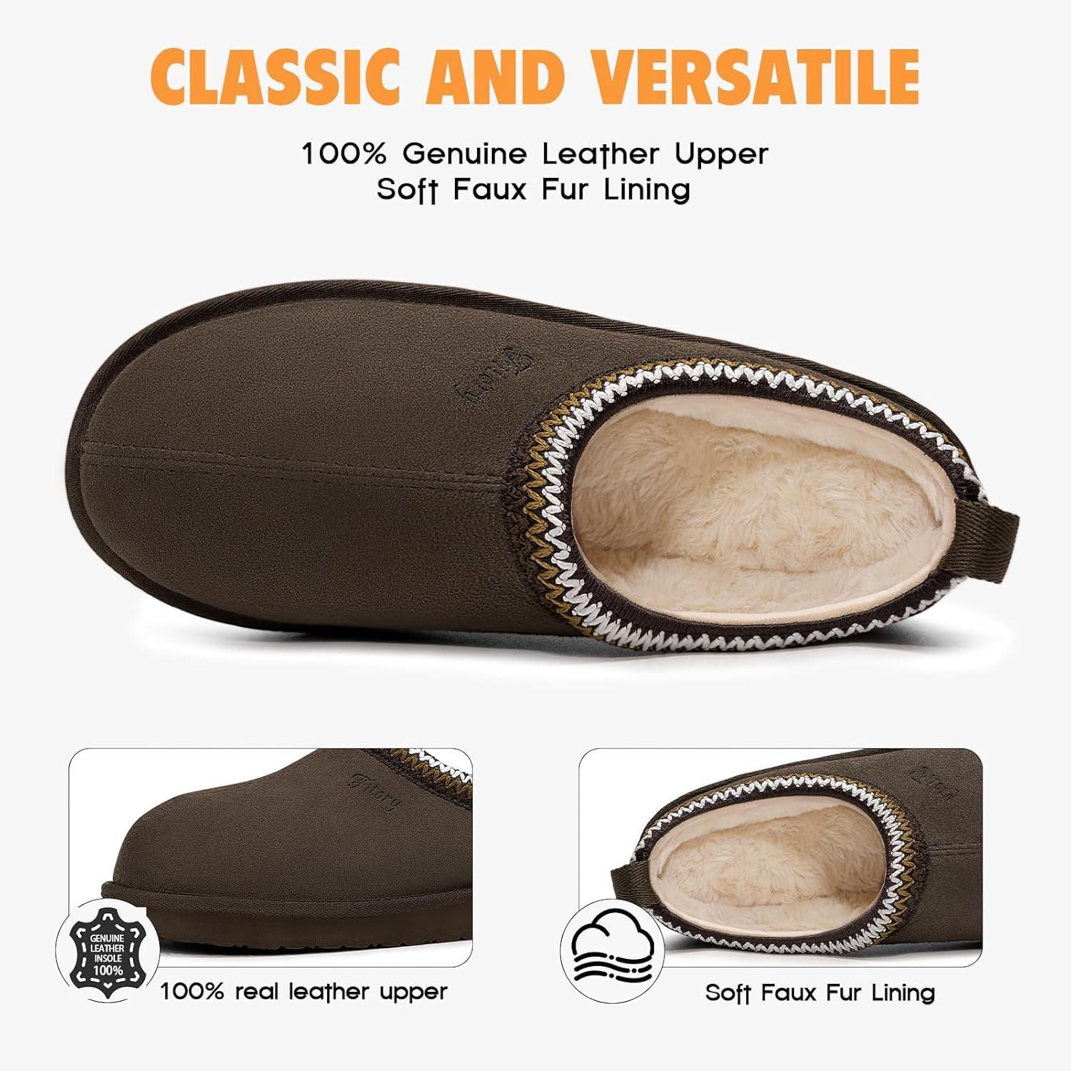 imageFITORY Womens Suede Slipper Flat Slip On House Shoes with Faux Fur Lining Indoor Outdoor Short Mini BootsTaupe