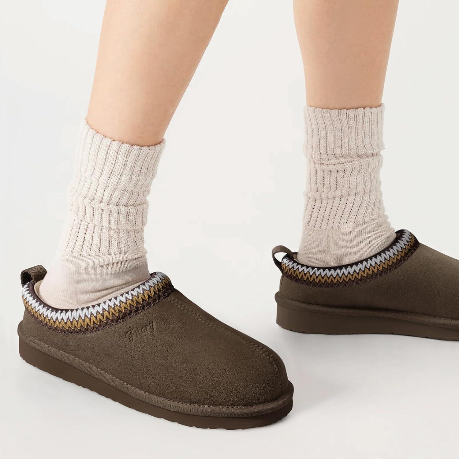 imageFITORY Womens Suede Slipper Flat Slip On House Shoes with Faux Fur Lining Indoor Outdoor Short Mini BootsTaupe