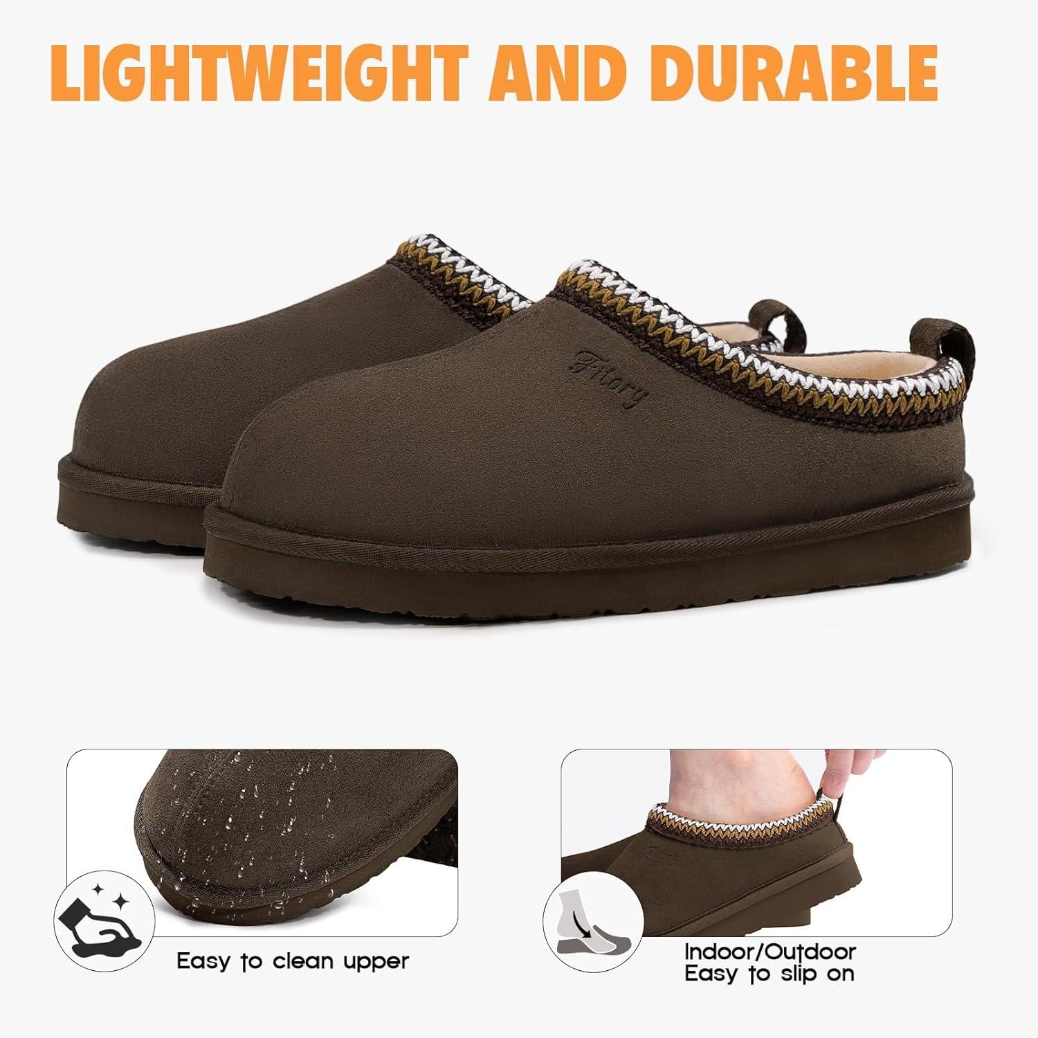 imageFITORY Womens Suede Slipper Flat Slip On House Shoes with Faux Fur Lining Indoor Outdoor Short Mini BootsTaupe