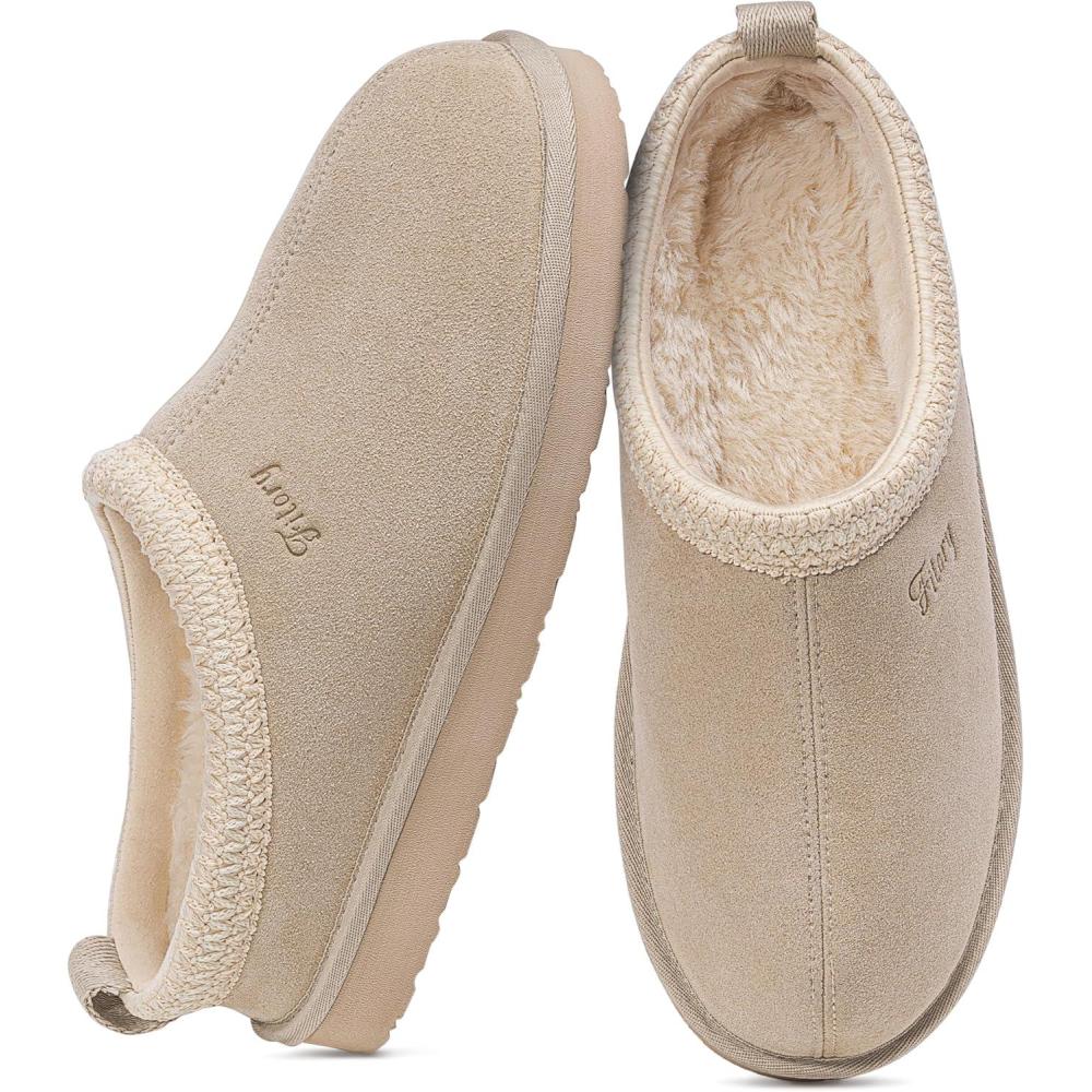 imageFITORY Womens Suede Slipper Flat Slip On House Shoes with Faux Fur Lining Indoor Outdoor Short Mini BootsSand