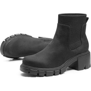 FITORY Womens Chelsea Boots, Elastic Ankle Booties with Chunky Mid Heel and Lug Sole, Comfy Trendy Slip on Shoes for Fall and Winter Size 6-11(Black Suede)