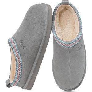 FITORY Women’s Suede Slipper, Flat Slip On House Shoes with Faux Fur Lining Indoor Outdoor Short Mini Boots(Dark Gray)