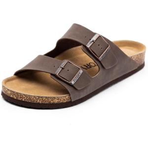 FITORY Mens Leather Cork Sandals with Two Buckles,Open Toe Slides for Indoor and Outdoor Size 7-13.5(Brown)