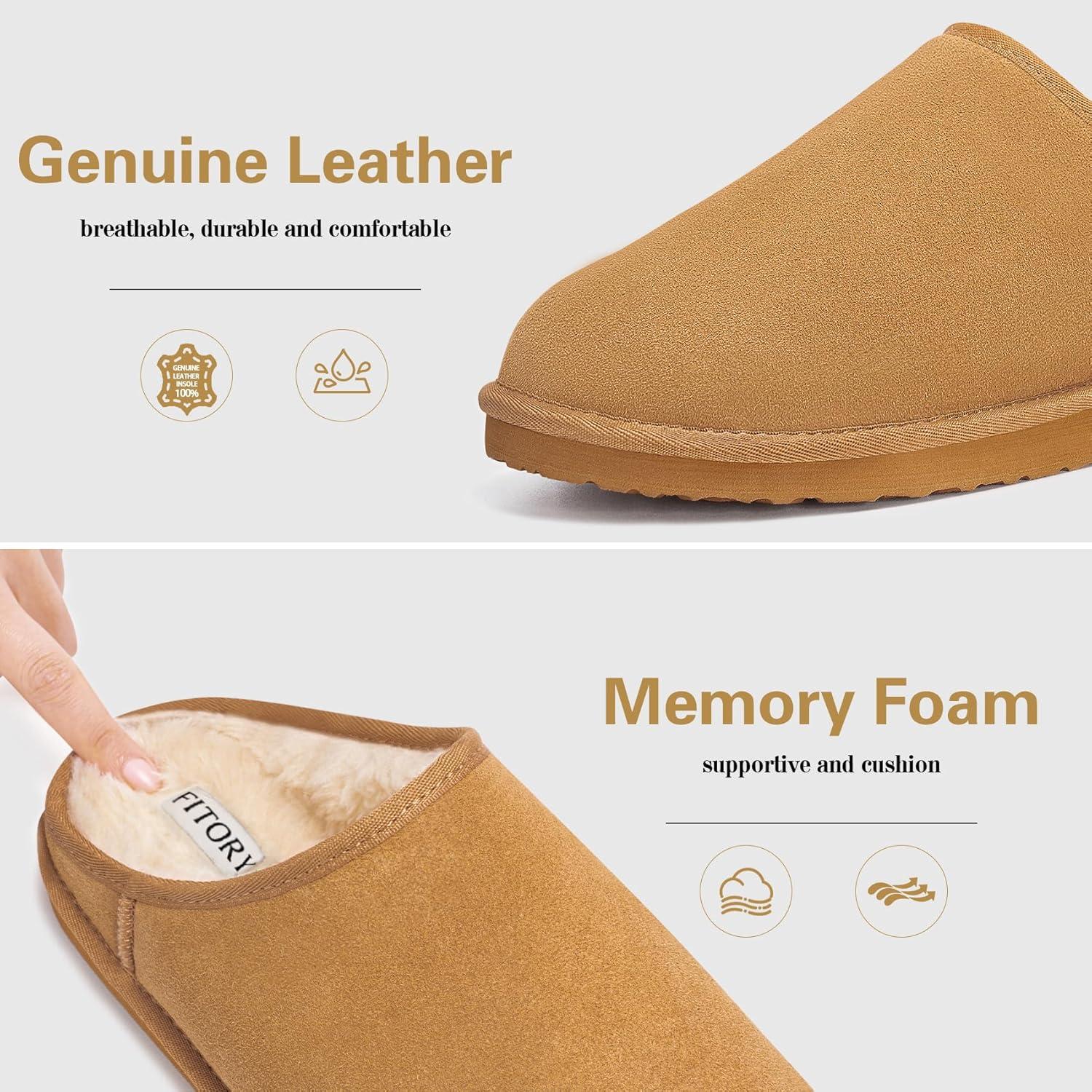 imageFITORY Mens Slippers with Genuine Leather Winters Classic Memory Foam Shoes Cozy Warm Durable Slip On House Slippers Size 714Chestnut