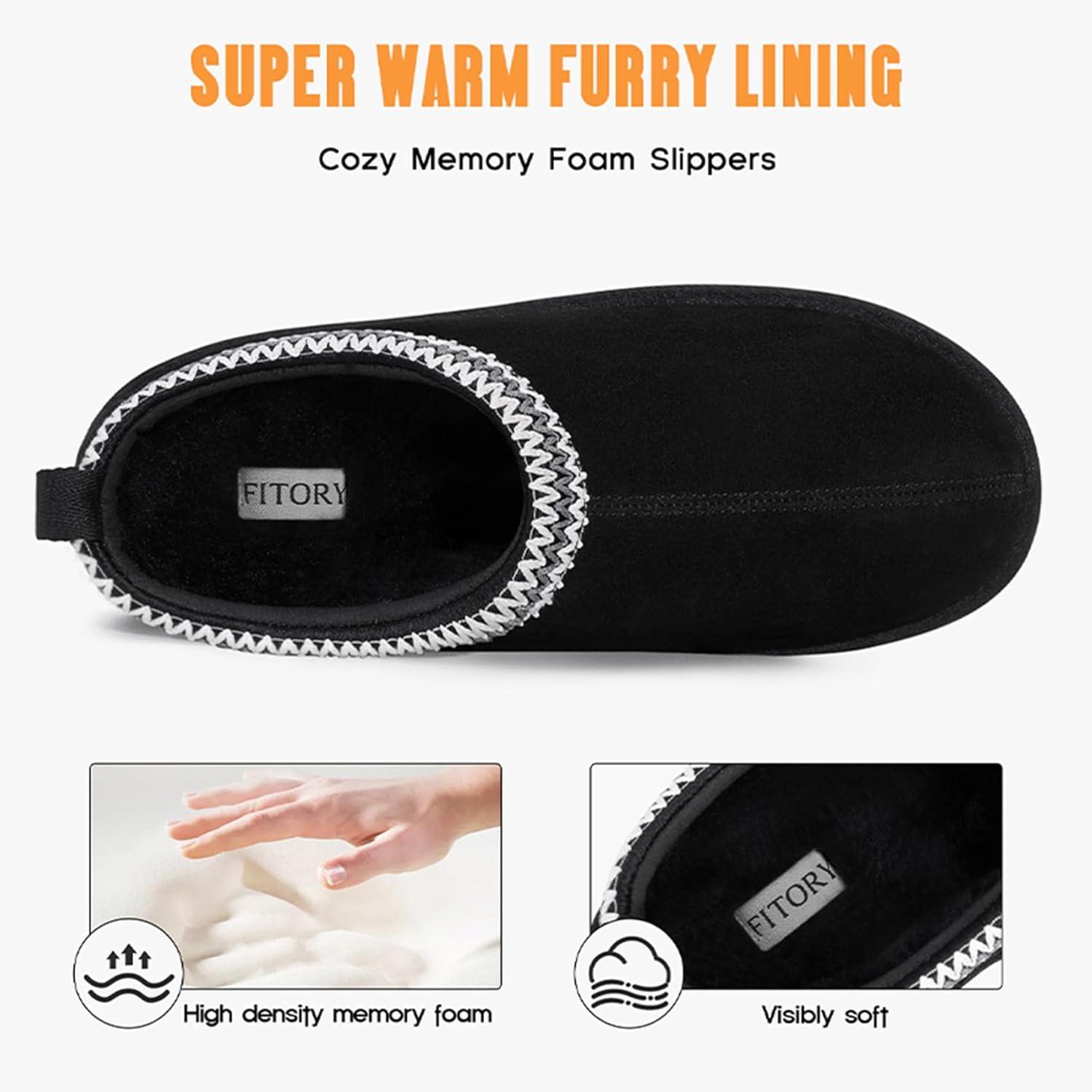 imageFITORY Mens Winter Genuine Leather Slippers Comfy Memory Foam Suede Shoes with Warm FleeceLined for Indoor and Outdoor Size 714Black