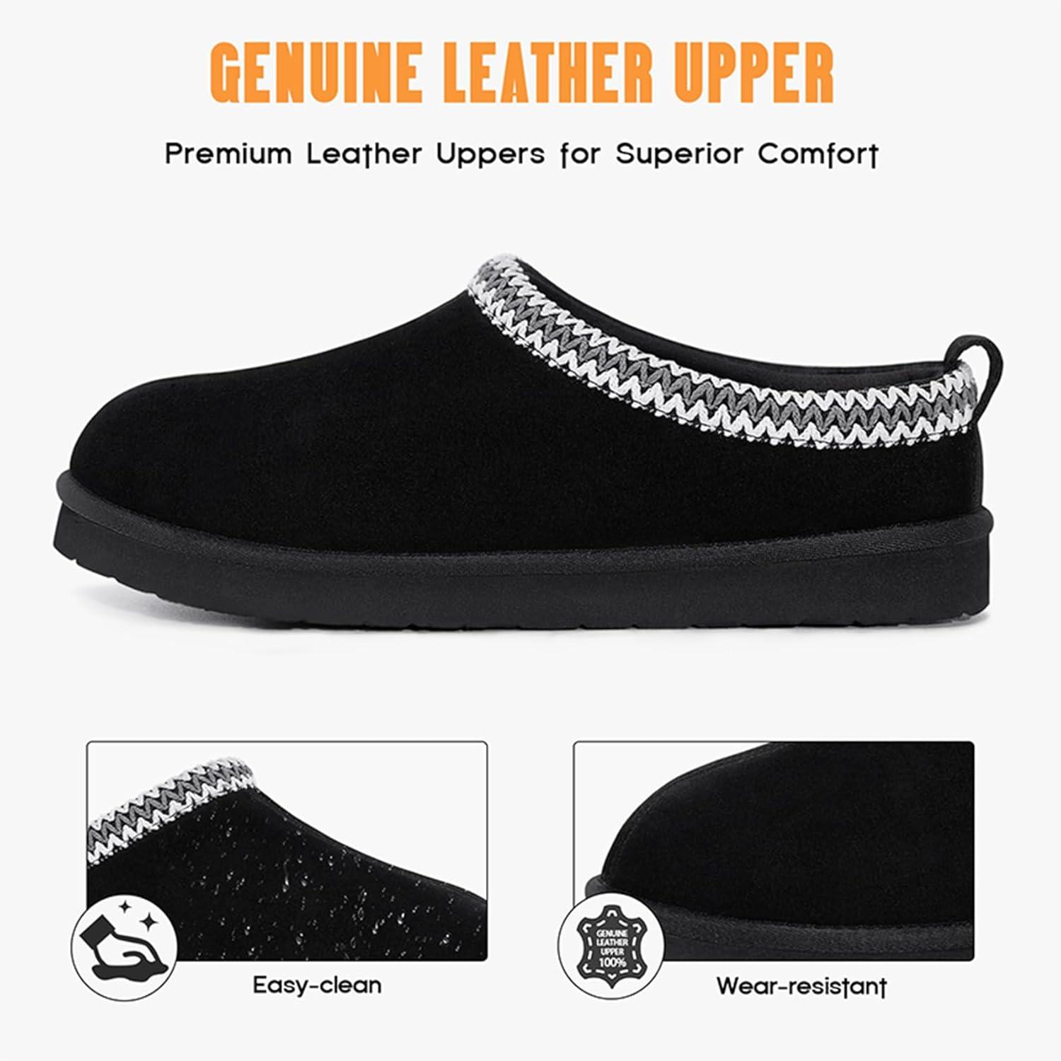 imageFITORY Mens Winter Genuine Leather Slippers Comfy Memory Foam Suede Shoes with Warm FleeceLined for Indoor and Outdoor Size 714Black