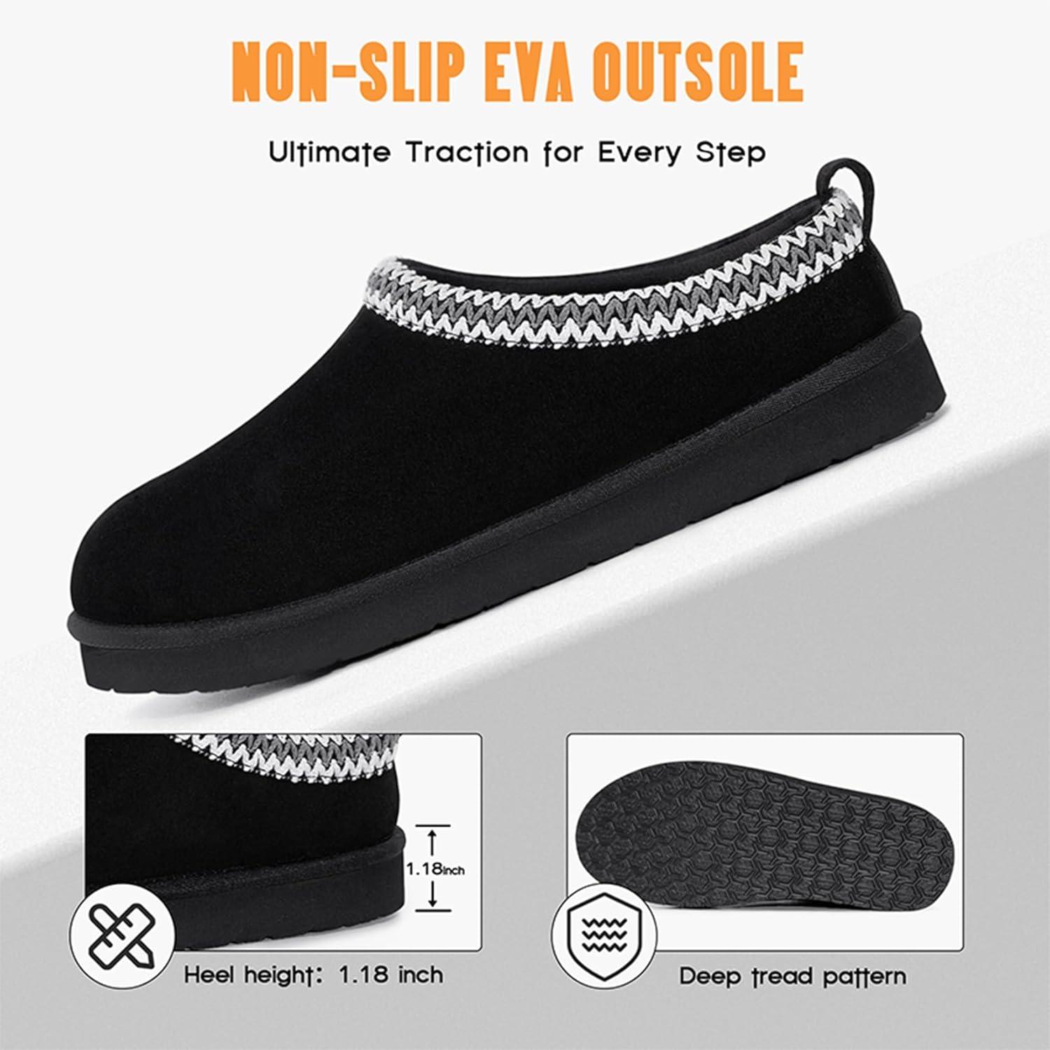 imageFITORY Mens Winter Genuine Leather Slippers Comfy Memory Foam Suede Shoes with Warm FleeceLined for Indoor and Outdoor Size 714Black