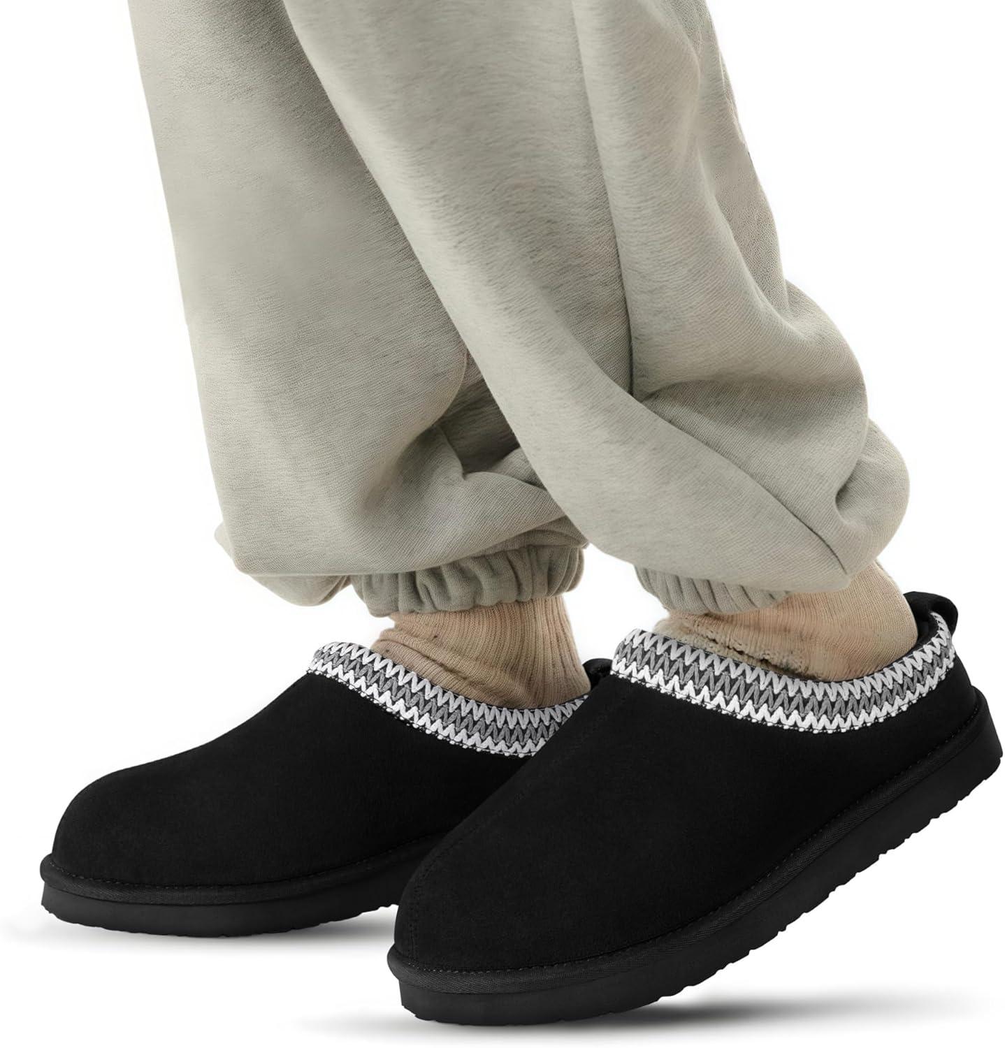 imageFITORY Mens Winter Genuine Leather Slippers Comfy Memory Foam Suede Shoes with Warm FleeceLined for Indoor and Outdoor Size 714Black