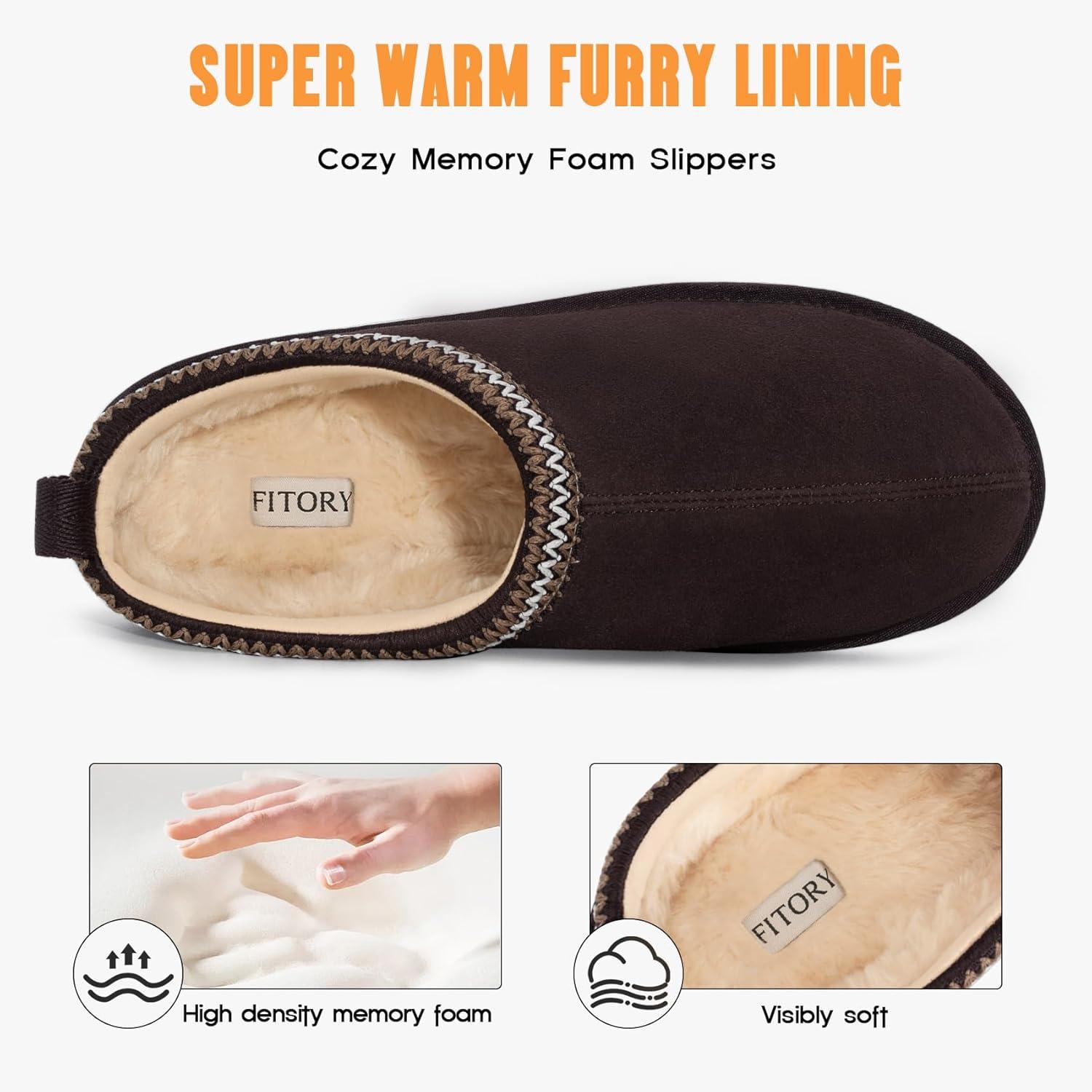 imageFITORY Mens Winter Genuine Leather Slippers Comfy Memory Foam Suede Shoes with Warm FleeceLined for Indoor and Outdoor Size 714Brown