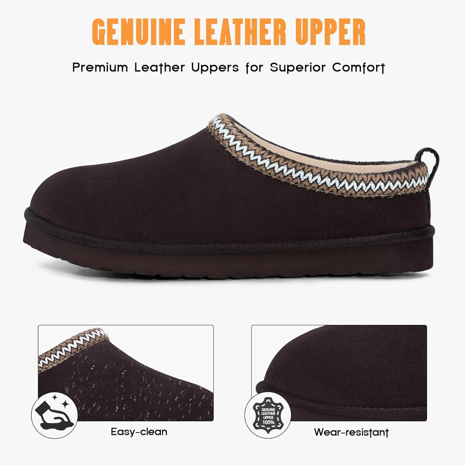 imageFITORY Mens Winter Genuine Leather Slippers Comfy Memory Foam Suede Shoes with Warm FleeceLined for Indoor and Outdoor Size 714Brown