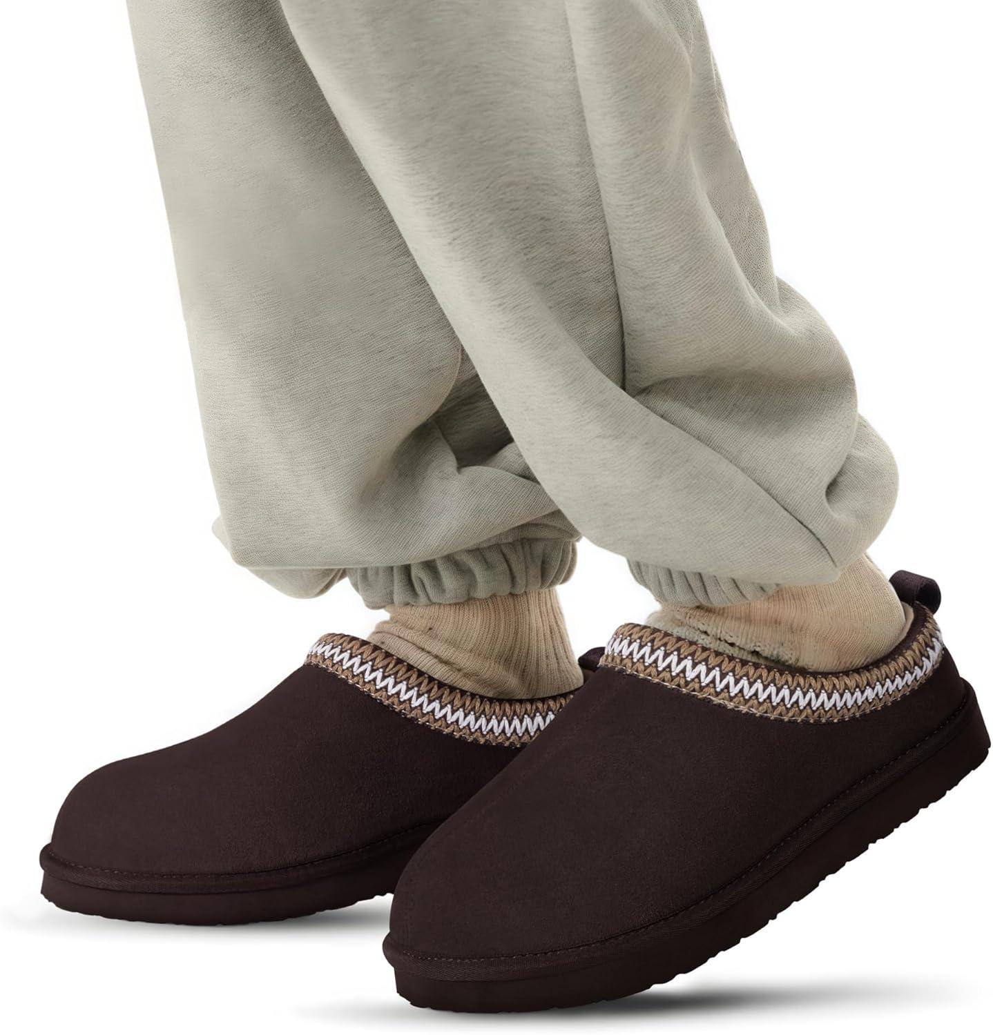 imageFITORY Mens Winter Genuine Leather Slippers Comfy Memory Foam Suede Shoes with Warm FleeceLined for Indoor and Outdoor Size 714Brown
