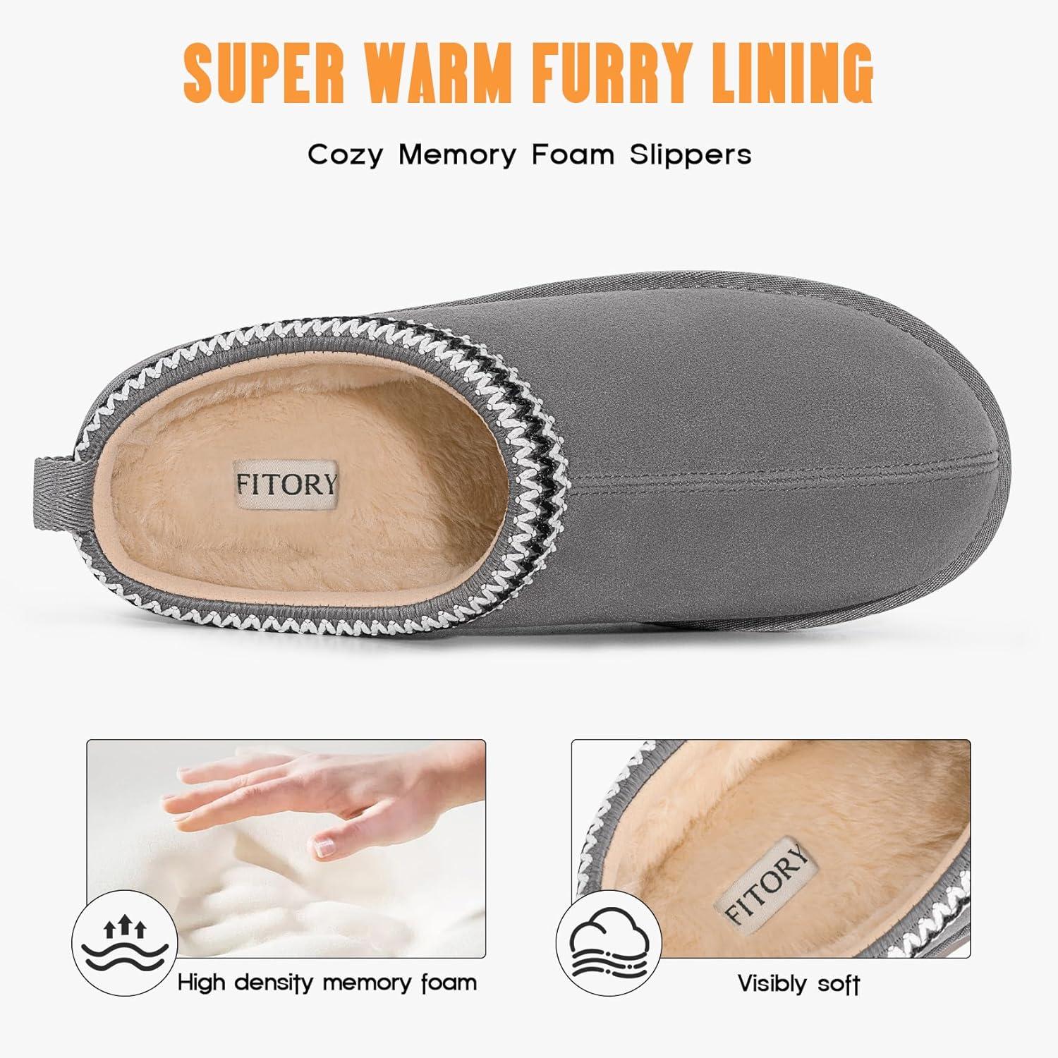 imageFITORY Mens Winter Genuine Leather Slippers Comfy Memory Foam Suede Shoes with Warm FleeceLined for Indoor and Outdoor Size 714Grey