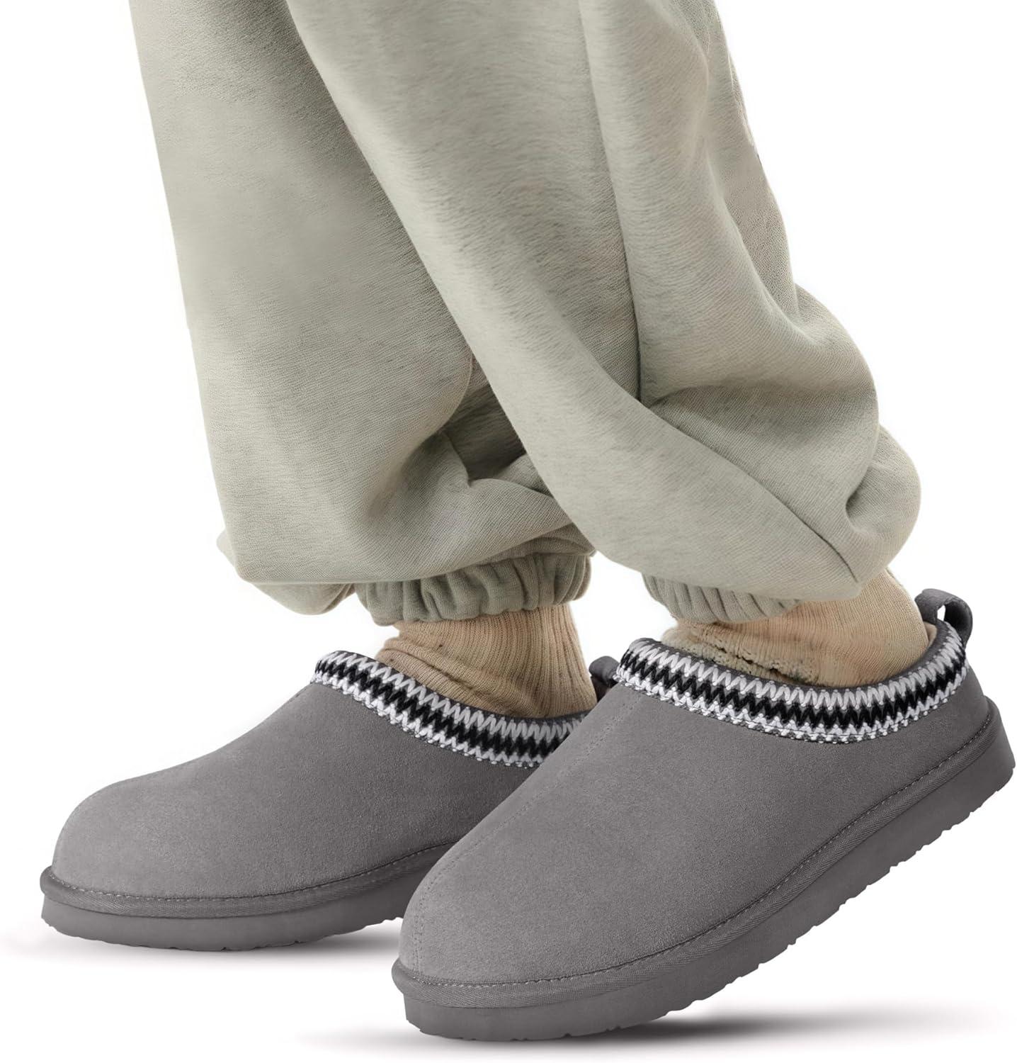 imageFITORY Mens Winter Genuine Leather Slippers Comfy Memory Foam Suede Shoes with Warm FleeceLined for Indoor and Outdoor Size 714Grey