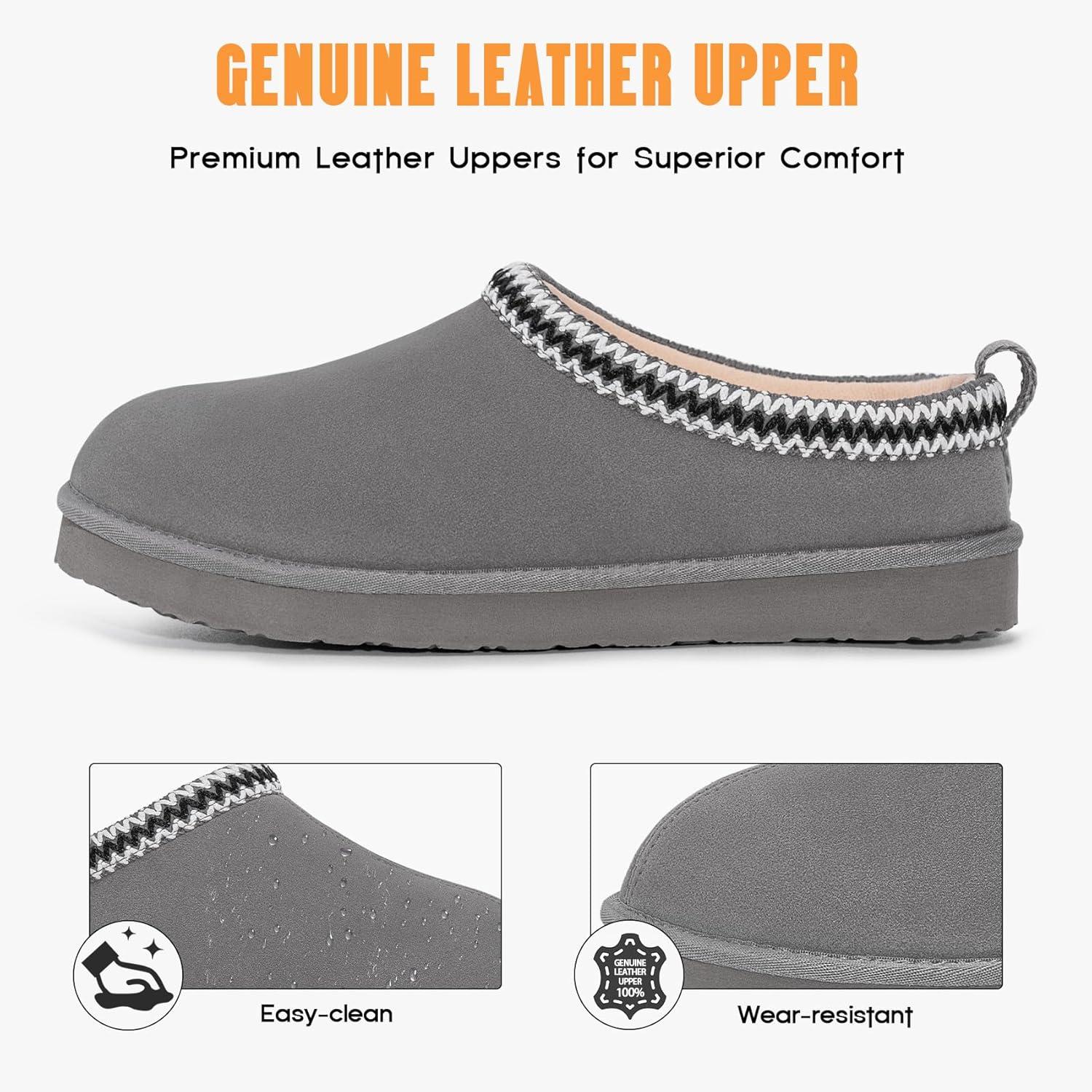 imageFITORY Mens Winter Genuine Leather Slippers Comfy Memory Foam Suede Shoes with Warm FleeceLined for Indoor and Outdoor Size 714Grey