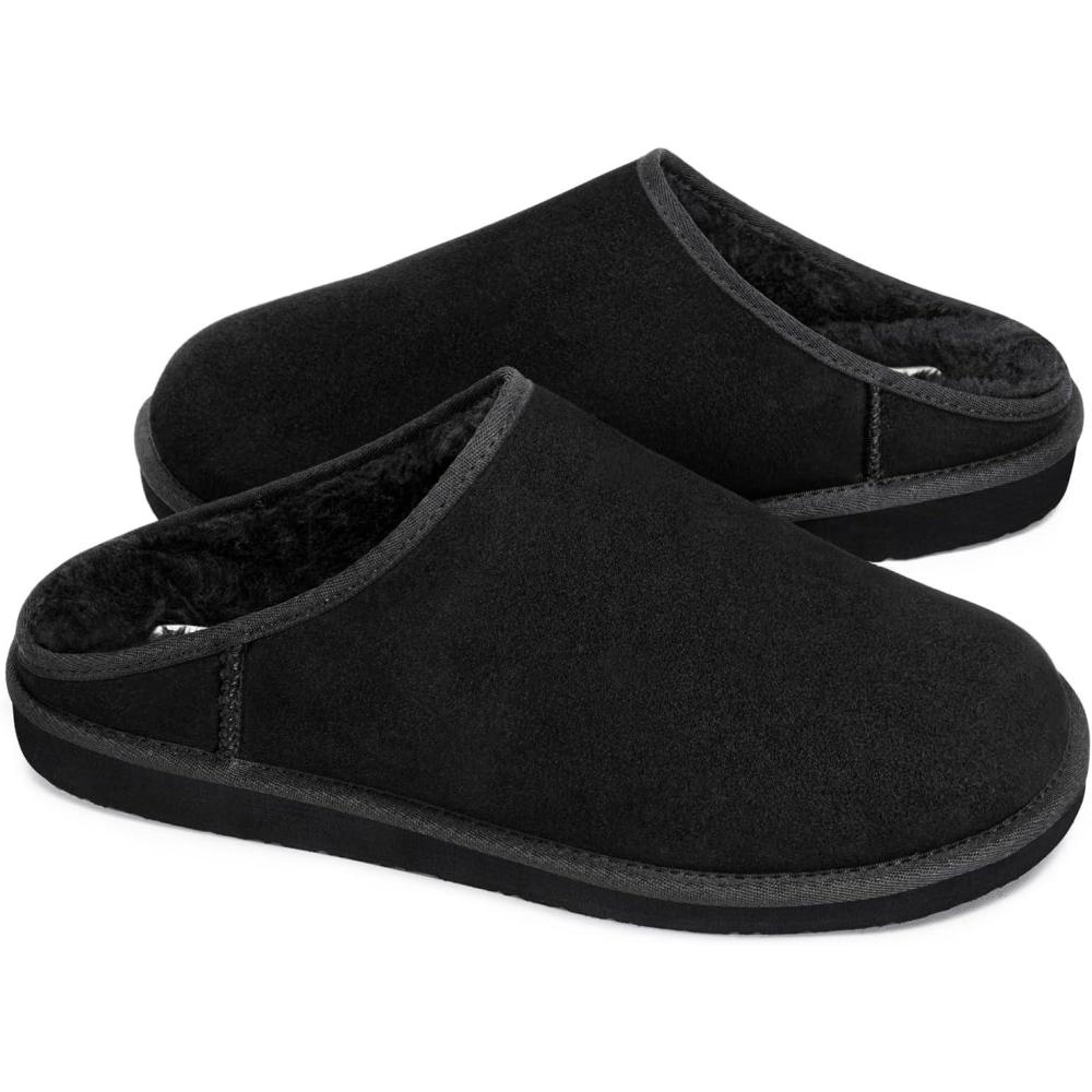 imageFITORY Mens Slippers with Genuine Leather Winters Classic Memory Foam Shoes Cozy Warm Durable Slip On House Slippers Size 714Black