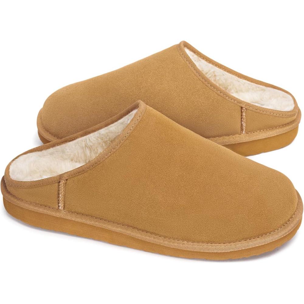 imageFITORY Mens Slippers with Genuine Leather Winters Classic Memory Foam Shoes Cozy Warm Durable Slip On House Slippers Size 714Chestnut