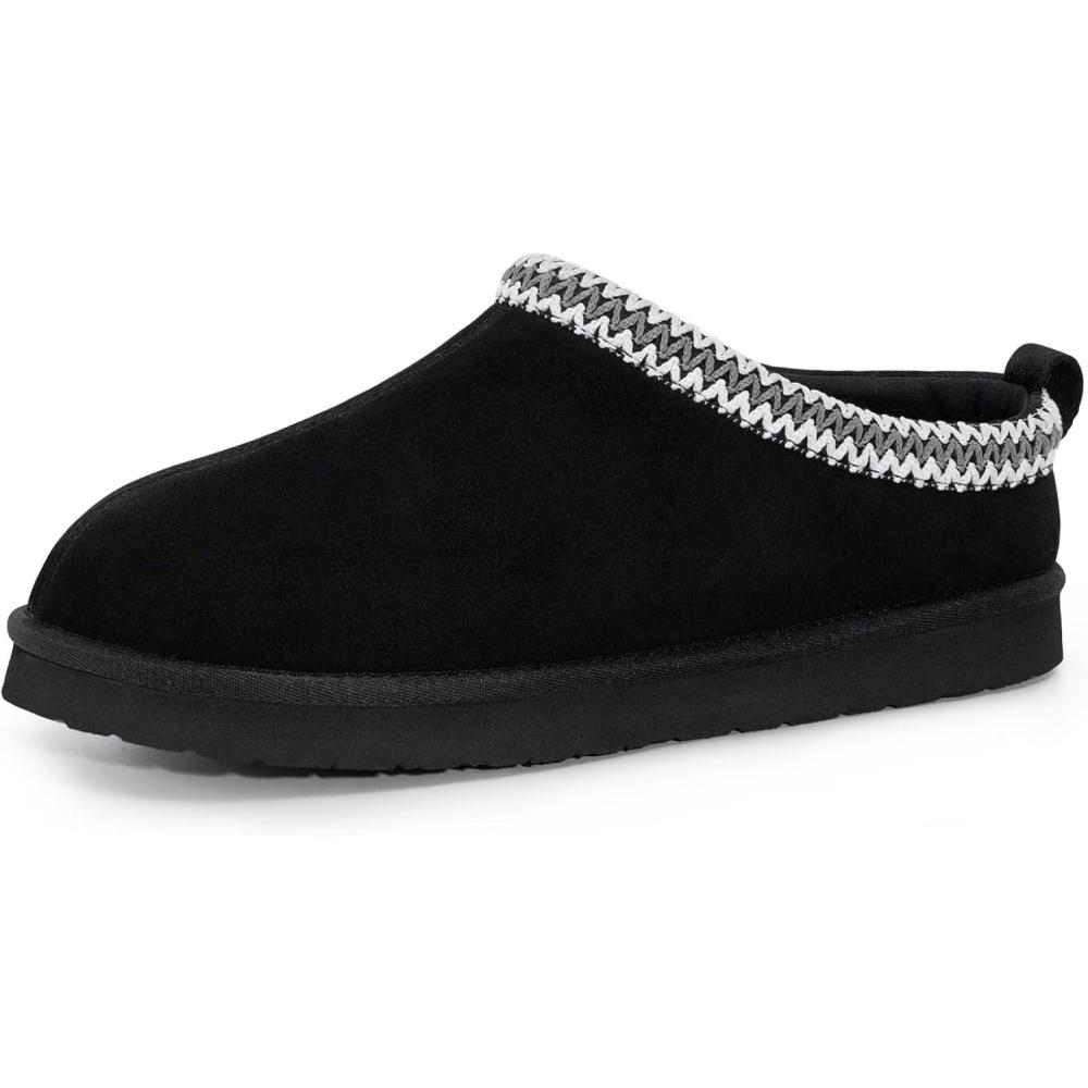 imageFITORY Mens Winter Genuine Leather Slippers Comfy Memory Foam Suede Shoes with Warm FleeceLined for Indoor and Outdoor Size 714Black