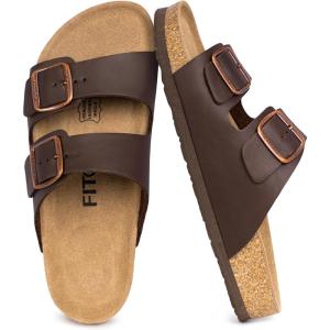 FITORY Mens Leather Insole Sandals with Two Buckles,Open Toe Slides for Indoor and Outdoor Size 7-14.5(Mocha)