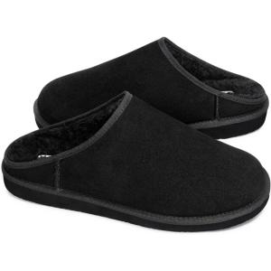 FITORY Men’s Slippers with Genuine Leather, Winter’s Classic Memory Foam Shoes, Cozy Warm Durable Slip On House Slippers Size 7-14(Black)