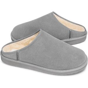 FITORY Men’s Slippers with Genuine Leather, Winter’s Classic Memory Foam Shoes, Cozy Warm Durable Slip On House Slippers Size 7-14(Grey)