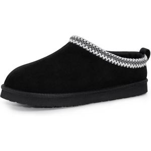 FITORY Men’s Winter Genuine Leather Slippers, Comfy Memory Foam Suede Shoes with Warm Fleece-Lined for Indoor and Outdoor Size 7-14(Black)