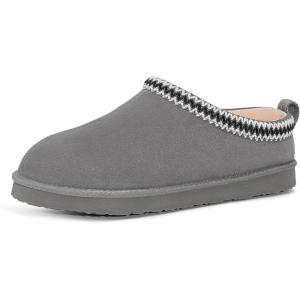 FITORY Men’s Winter Genuine Leather Slippers, Comfy Memory Foam Suede Shoes with Warm Fleece-Lined for Indoor and Outdoor Size 7-14(Grey)