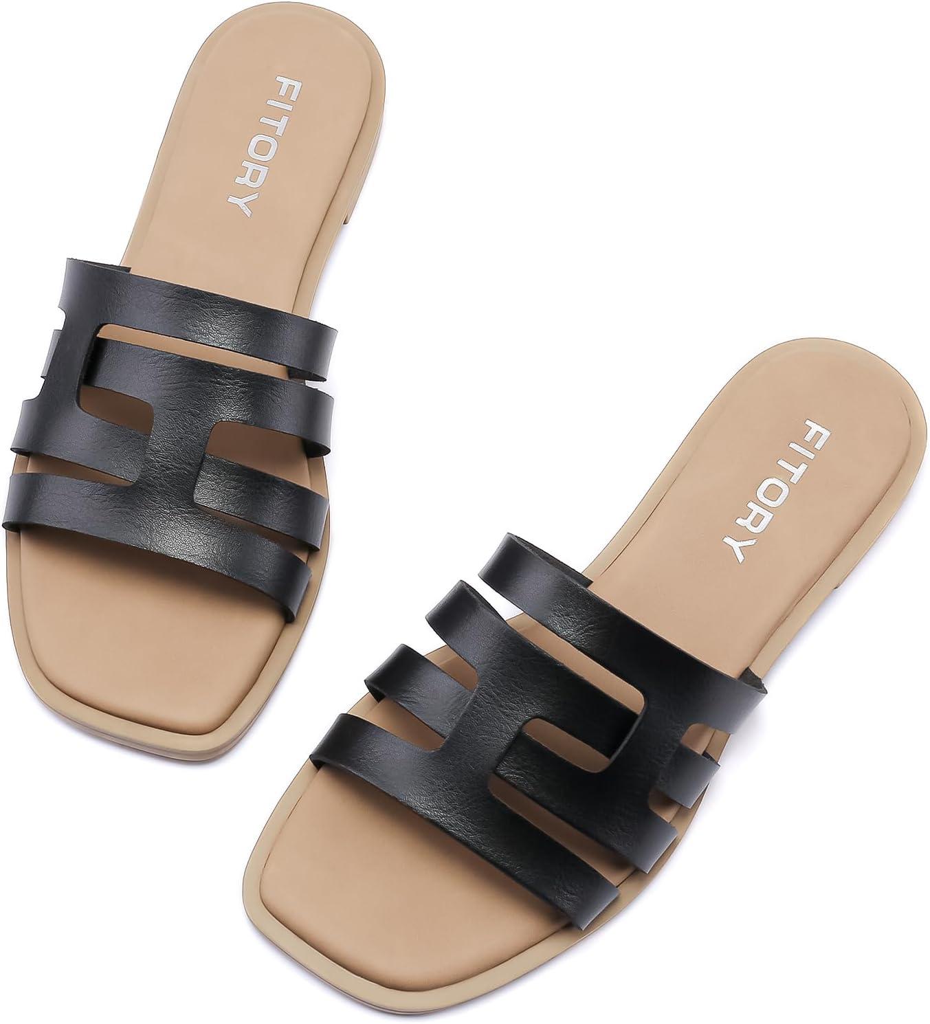 imageFITORY Womens Flat Sandals Fashion Square Open Toe SlipOn Summer Casual Slippers