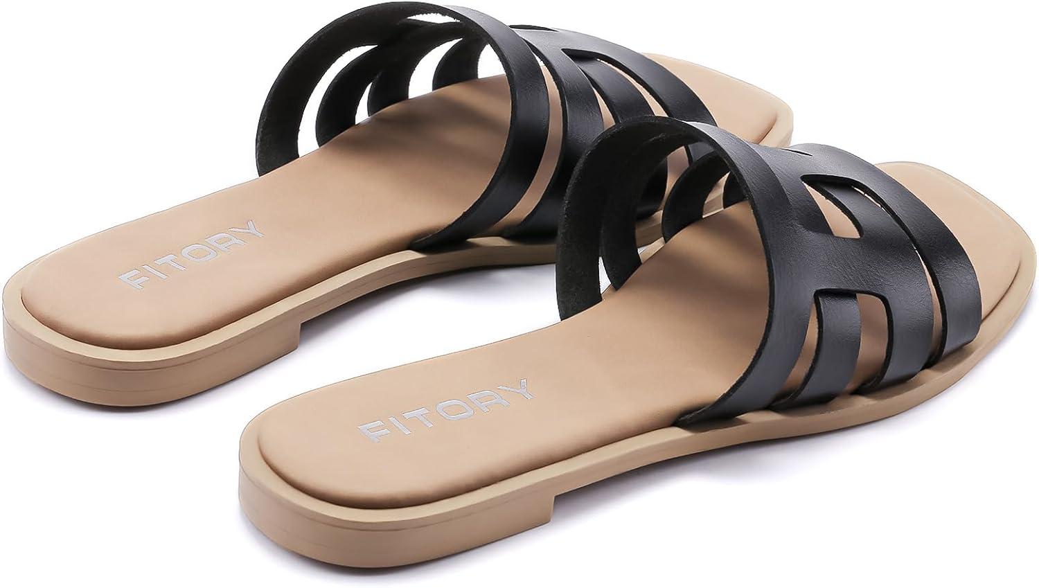 imageFITORY Womens Flat Sandals Fashion Square Open Toe SlipOn Summer Casual Slippers