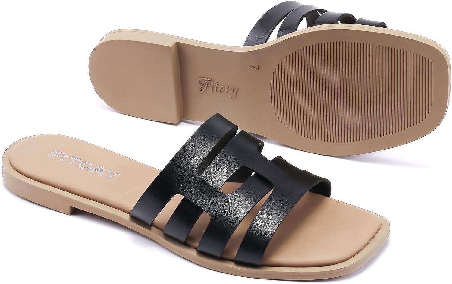 imageFITORY Womens Flat Sandals Fashion Square Open Toe SlipOn Summer Casual Slippers