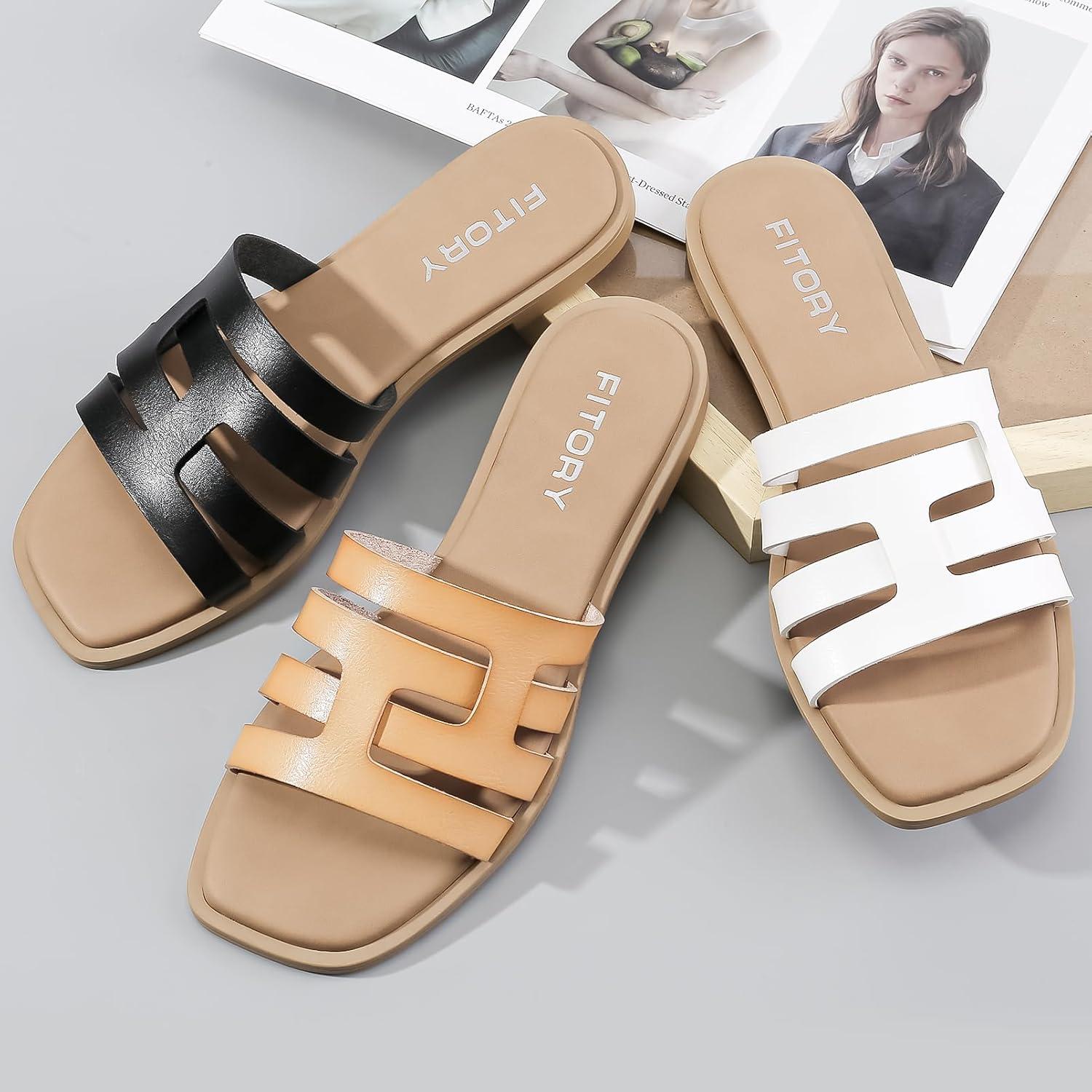 imageFITORY Womens Flat Sandals Fashion Square Open Toe SlipOn Summer Casual Slippers