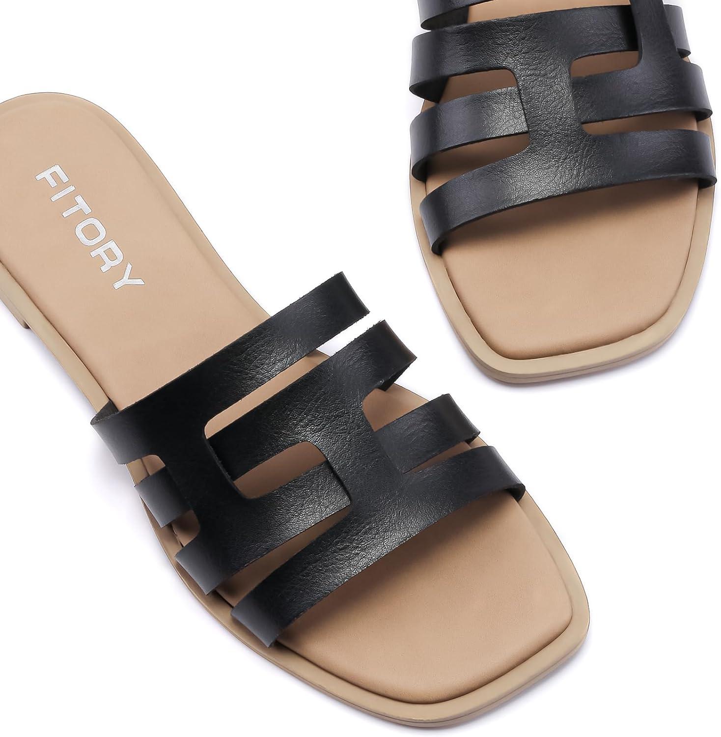 imageFITORY Womens Flat Sandals Fashion Square Open Toe SlipOn Summer Casual Slippers