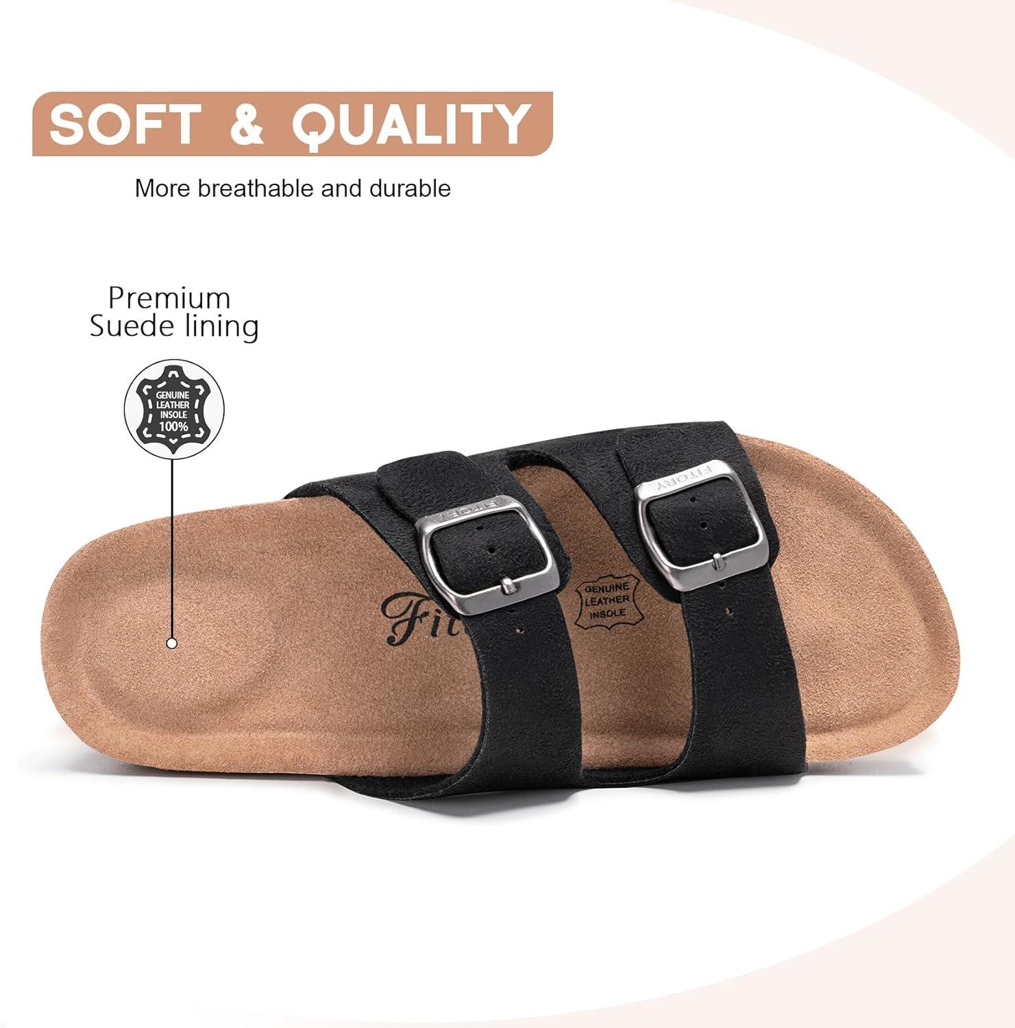 imageFITORY Womens Flat Sandals with Cork Footbed Open Toe Slides Adjustable Slip On Slippers for Summer Size 611Black Suede