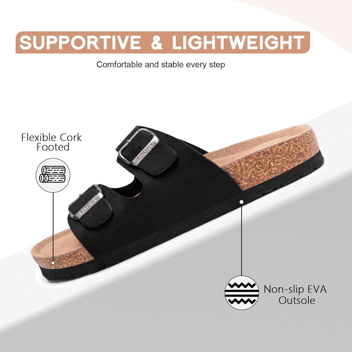 imageFITORY Womens Flat Sandals with Cork Footbed Open Toe Slides Adjustable Slip On Slippers for Summer Size 611Black Suede