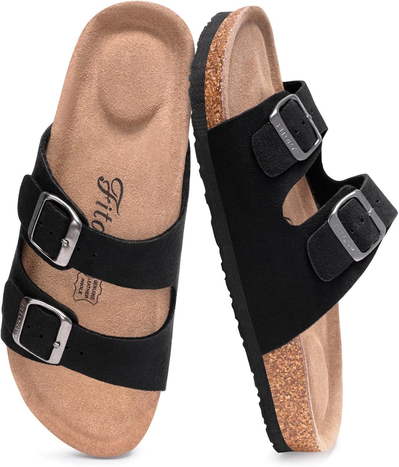 imageFITORY Womens Flat Sandals with Cork Footbed Open Toe Slides Adjustable Slip On Slippers for Summer Size 611Black Suede