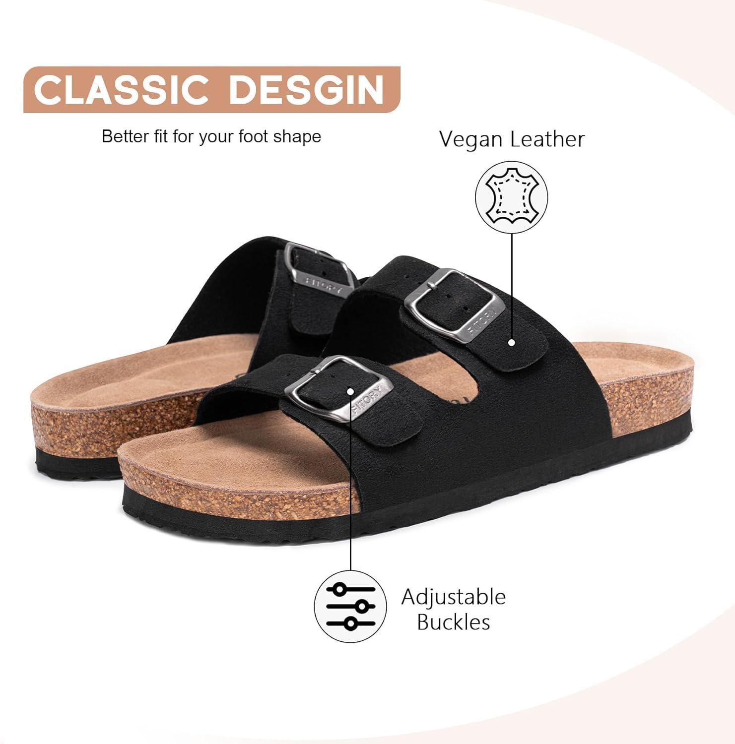 imageFITORY Womens Flat Sandals with Cork Footbed Open Toe Slides Adjustable Slip On Slippers for Summer Size 611Black Suede