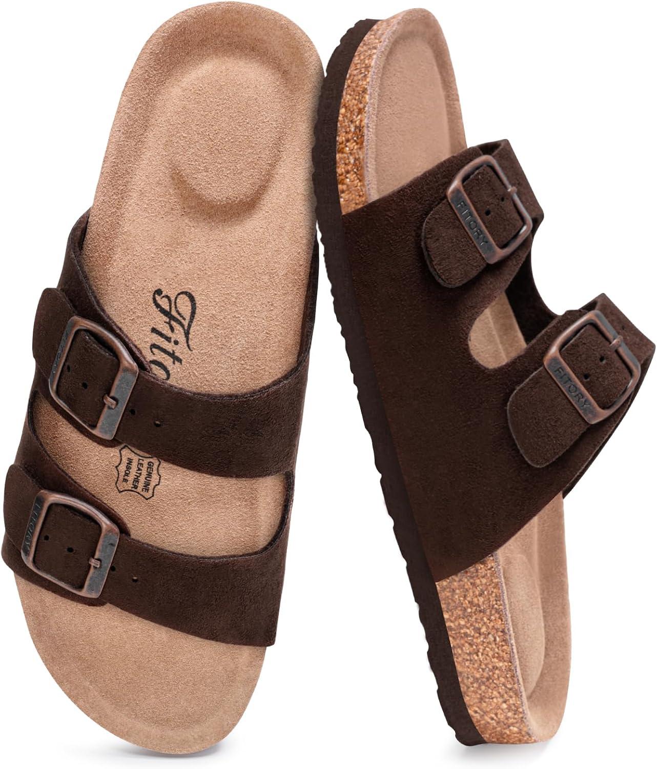 imageFITORY Womens Flat Sandals with Cork Footbed Open Toe Slides Adjustable Slip On Slippers for Summer Size 611Brown Suede