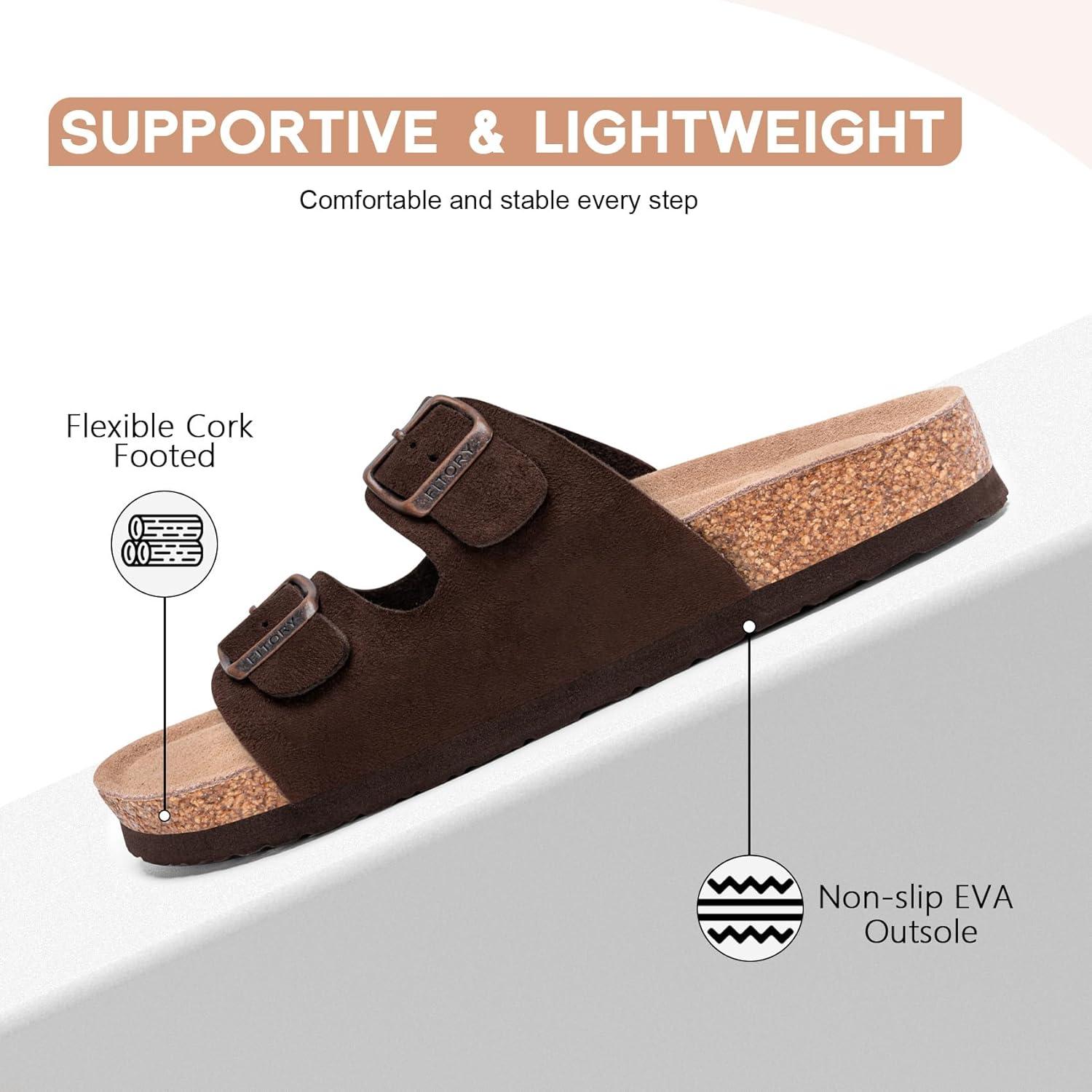 imageFITORY Womens Flat Sandals with Cork Footbed Open Toe Slides Adjustable Slip On Slippers for Summer Size 611Brown Suede