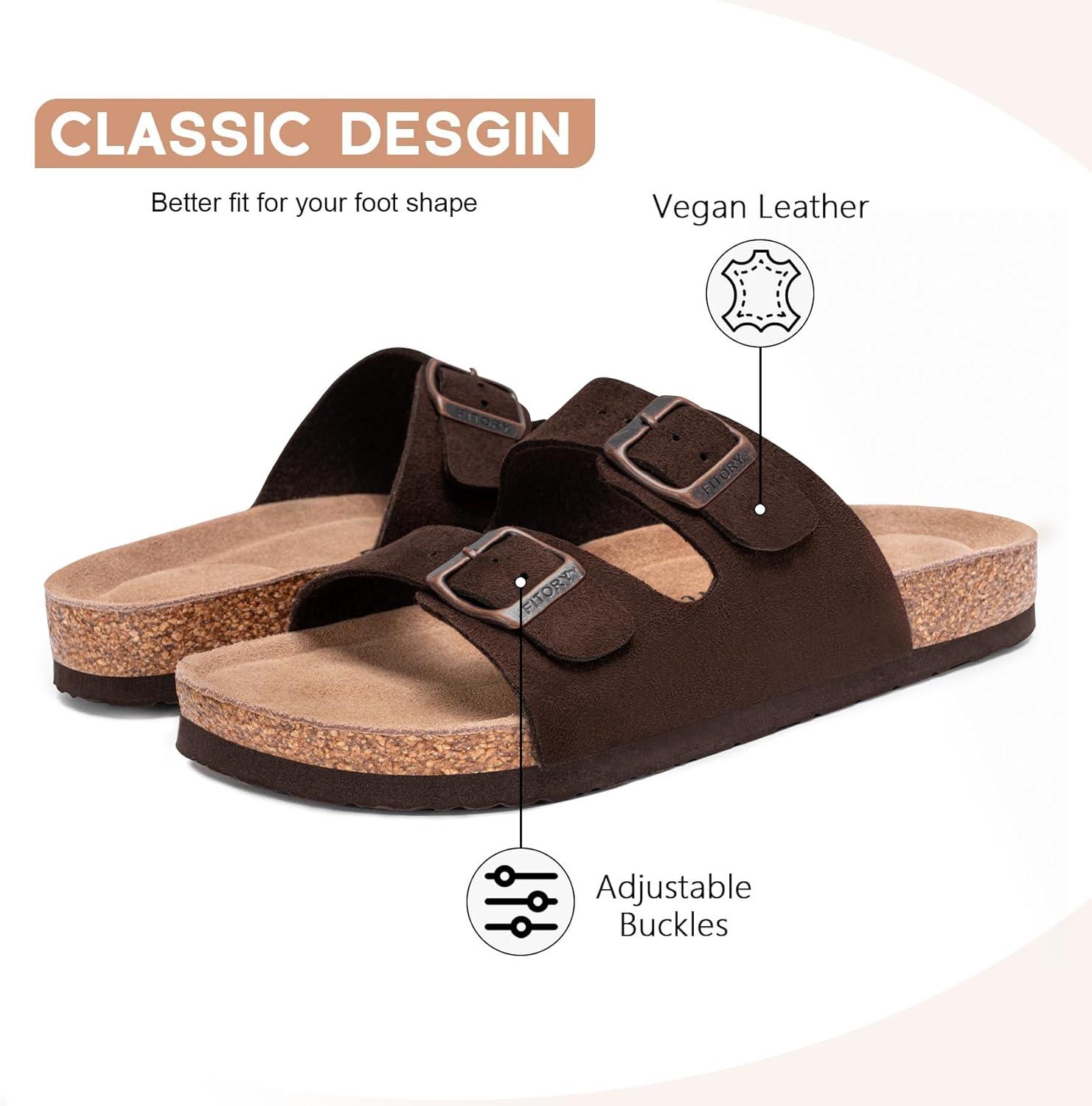imageFITORY Womens Flat Sandals with Cork Footbed Open Toe Slides Adjustable Slip On Slippers for Summer Size 611Brown Suede